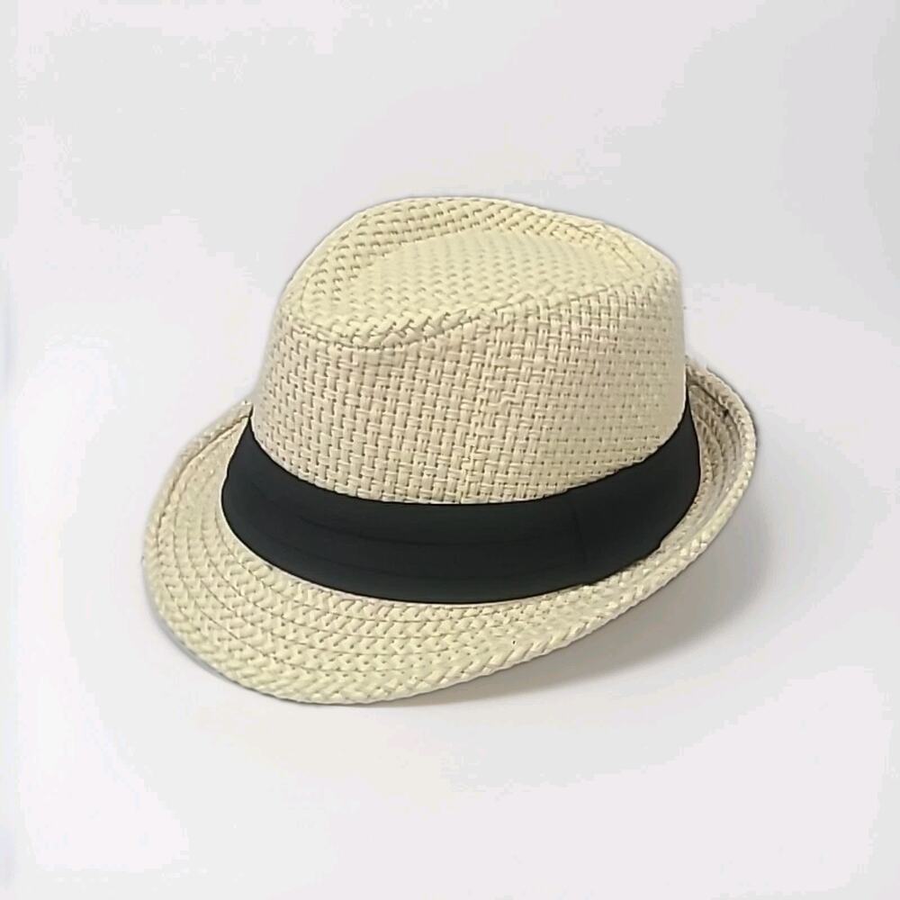 Panama Style Paper Straw Fedora Hat White Black Band 22" Medium Summer Beach